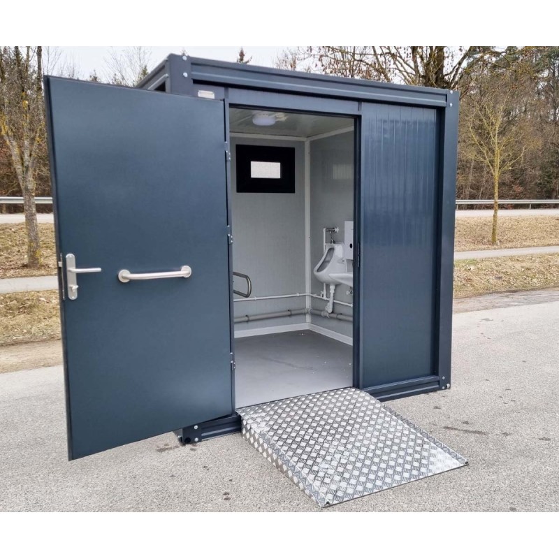 Contenedor sanitario accesible para personas con discapacidad, con rampa y agua caliente – RAL 7016